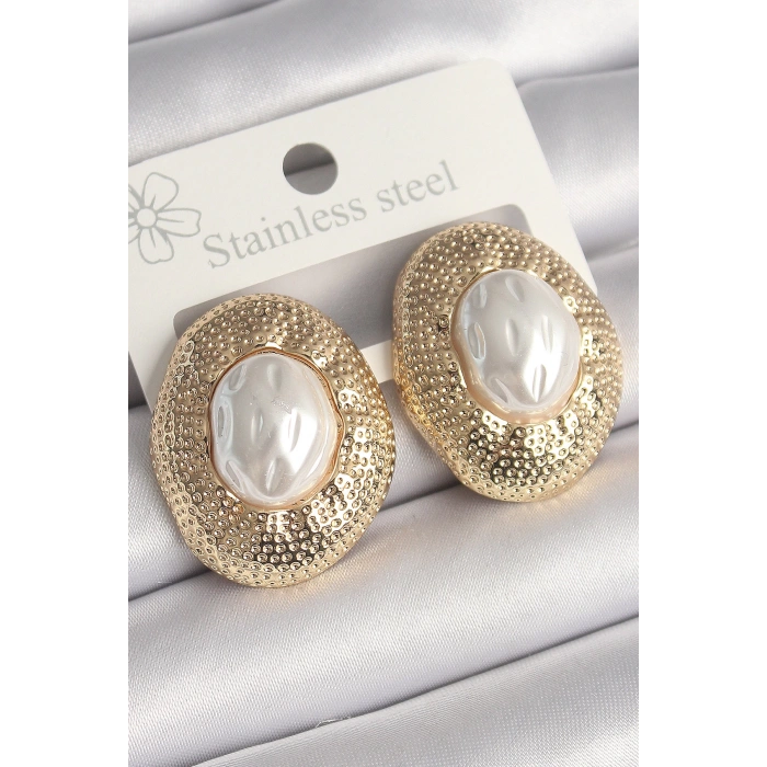 Pirinç Gold Renk İncili İşlemeli Daire Model Kadın Küpe