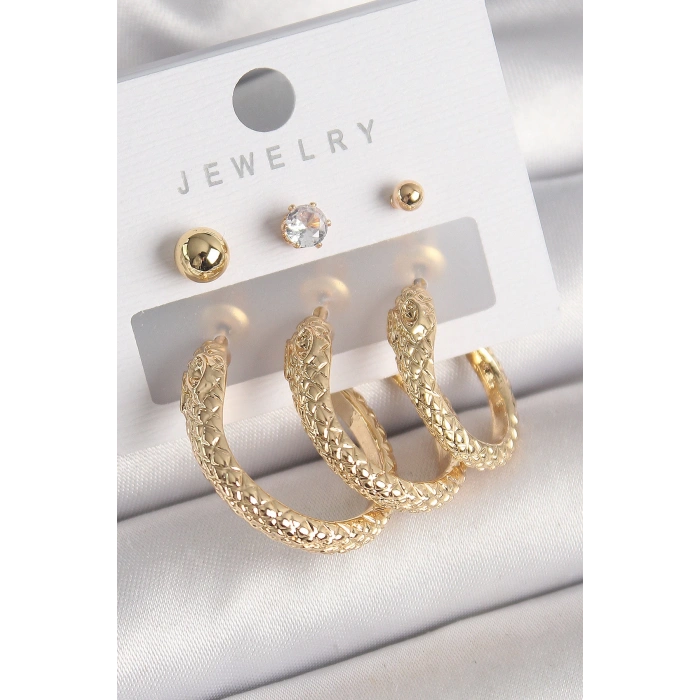 Pirinç Gold Renk Zirkon Taşlı Topçuk Detay Yılan Halka Model Kadın Küpe Seti