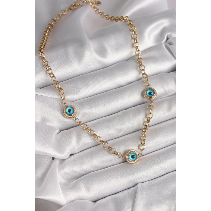 316L Çelik Gold Renk Zincir Nazar Boncuk Model Kadın Kolye
