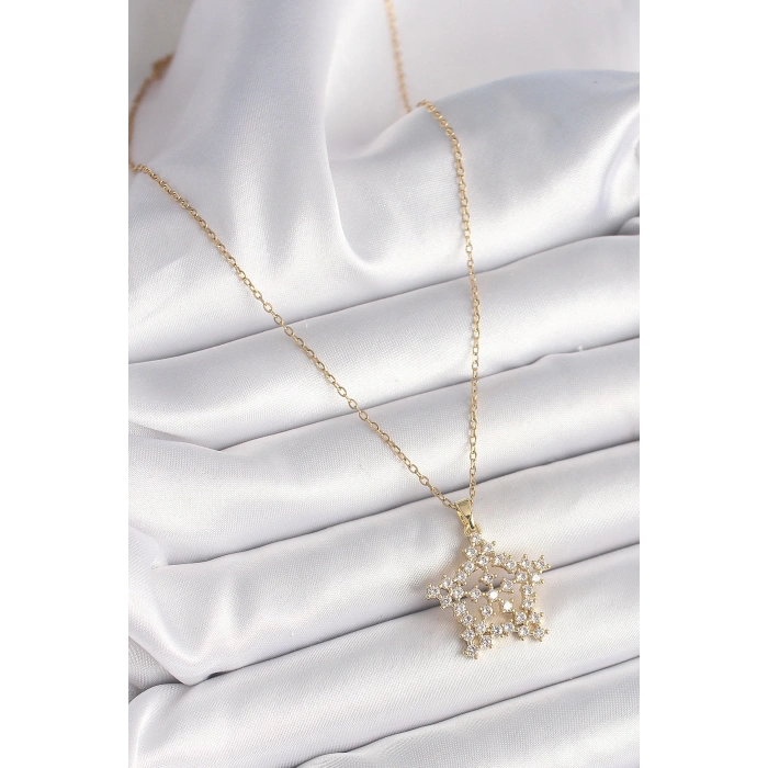 316L Çelik Gold Renk Zincir Zirkon Taşlı Kar Tanesi Model Kadın Kolye