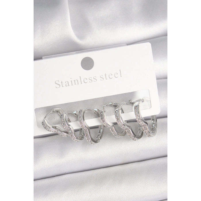 Pirinç Gümüş Renk Zirkon Taşlı 3 Çift Kalp Model Kadın Küpe