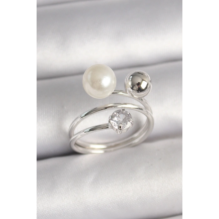 Pirinç Gümüş Renk Zirkon Taşlı Toplu İnci Model Kadın Yüzük