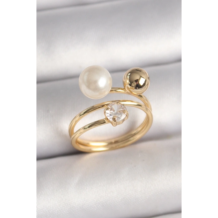 Pirinç Gold Renk Zirkon Taşlı Top İnci Model Kadın Yüzük