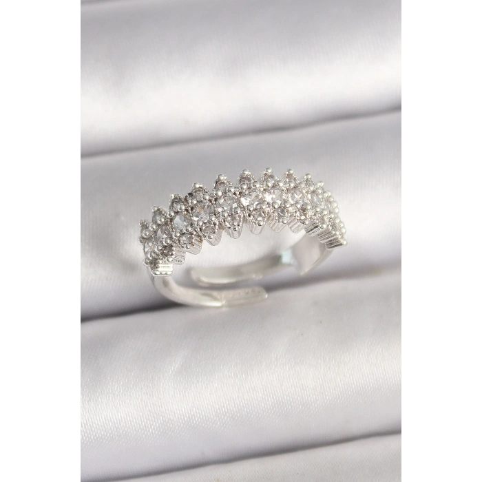 Pirinç Gümüş Renk Zirkon Taşlı Ayarlanabilir Kadın Yüzük