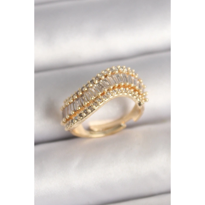 Pirinç Gold Renk Su Yolu Zirkon Taşlı Dalga Model Ayarlanabilir Kadın Yüzük