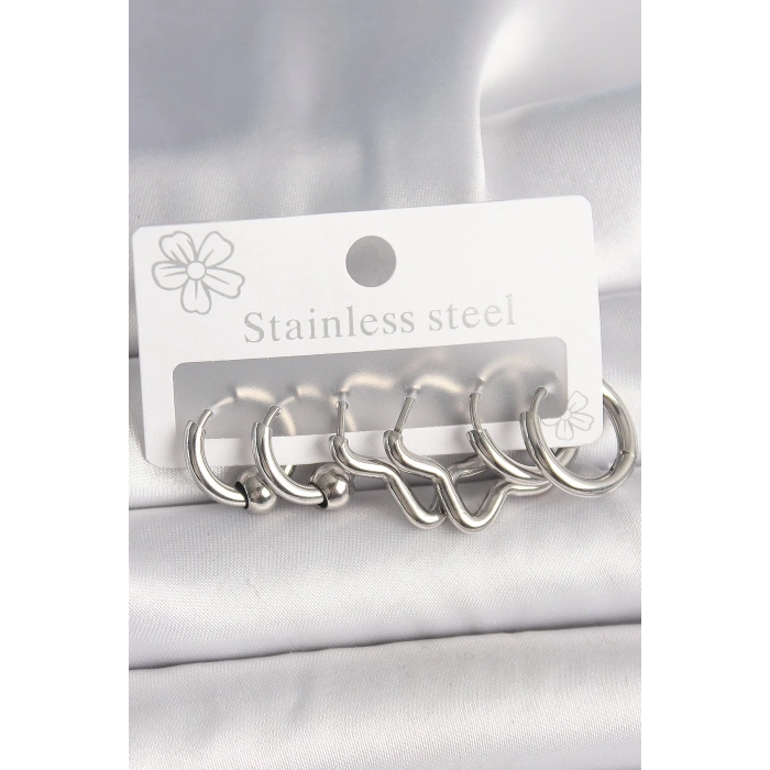 316L Çelik Gümüş Renk Halka Yıldız Model Kadın Küpe Seti