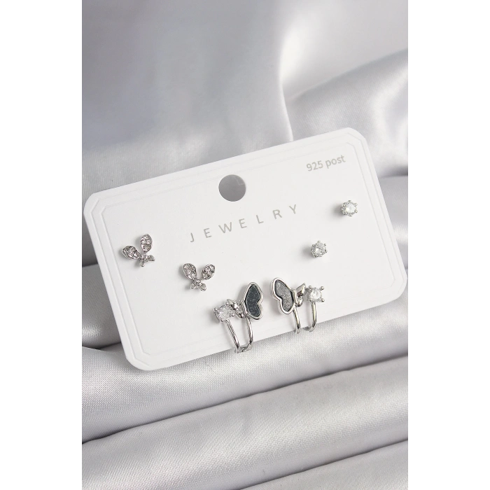 925 Ayar Gümüş Çivi Pirinç Gümüş Renk Zirkon Taşlı Kelebek Model Kadın Küpe Seti