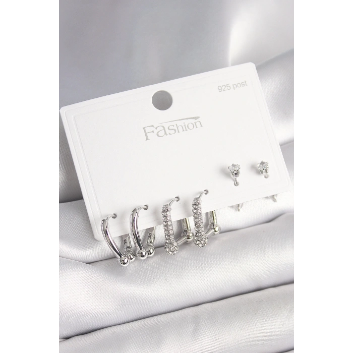 925 Ayar Gümüş Çivi Pirinç Gümüş Renk Zirkon Taşlı Tiffany Halka Model Kadın Küpe Seti