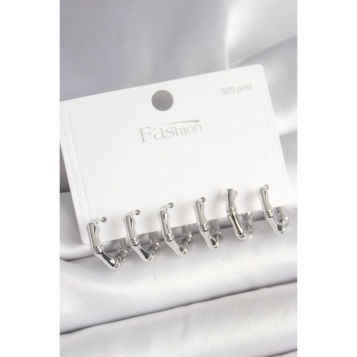 925 Ayar Gümüş Çivi Pirinç Gümüş Renk Bambu Halka Model Kadın Küpe Seti