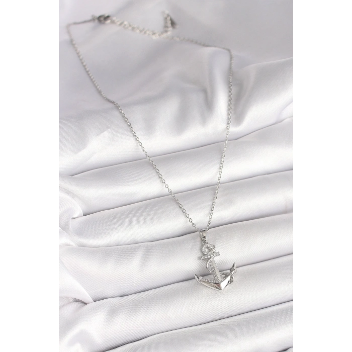 316L Çelik Gümüş Renk Zincir Zirkon Taş Detaylı Çapa Model Kadın Kolye
