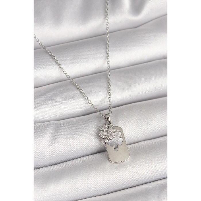 316L Çelik Gümüş Renk Zincir Zirkon Taşlı Yonca Model Kadın Kolye