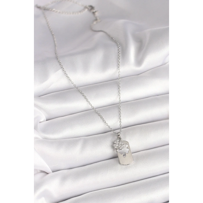 316L Çelik Gümüş Renk Zincir Zirkon Taşlı Yonca Model Kadın Kolye