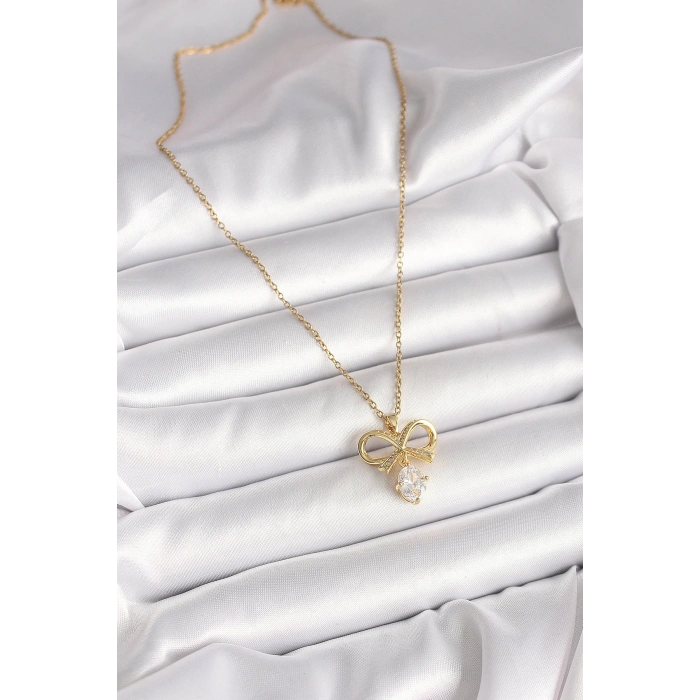 316L Çelik Gold Renk Zincir Zirkon Taşlı Kurdele Model Kadın Kolye