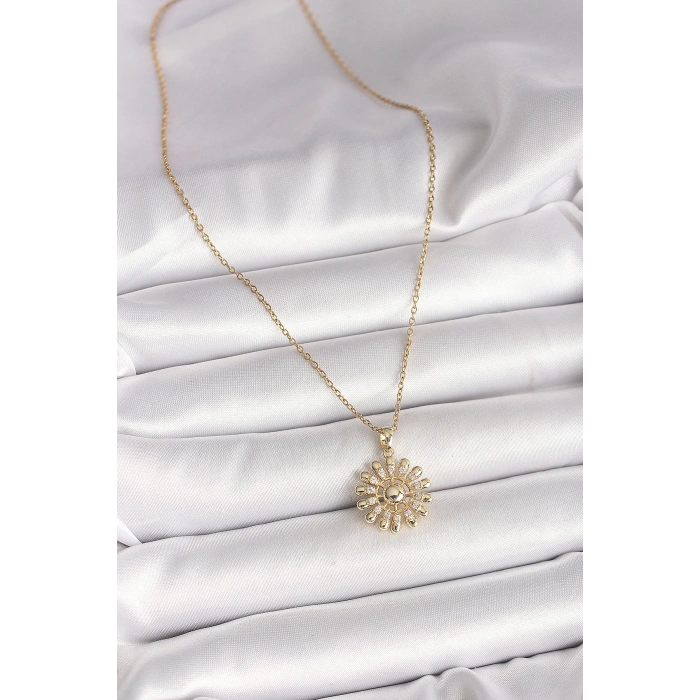 316L Çelik Gold Renk Zincir Zirkon Taşlı Güneş Model Kadın Kolye
