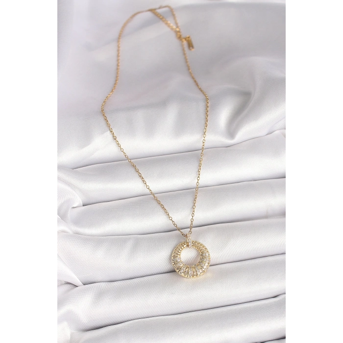 316L Çelik Gold Renk Zincir Zirkon Taş İşlemeli Daire Model Kadın Kolye