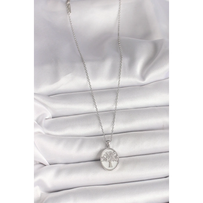 316L Çelik Gümüş Renk Zincir Zirkon Taş İşlemeli Beyaz Mineli Ağaç İşlemeli Portre Model Kadın Kolye