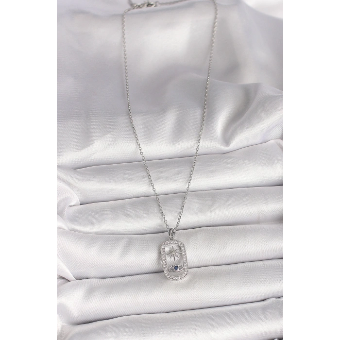 316L Çelik Gümüş Renk Zincir Zirkon Taşlı Göz Yıldız Model Kadın Kolye