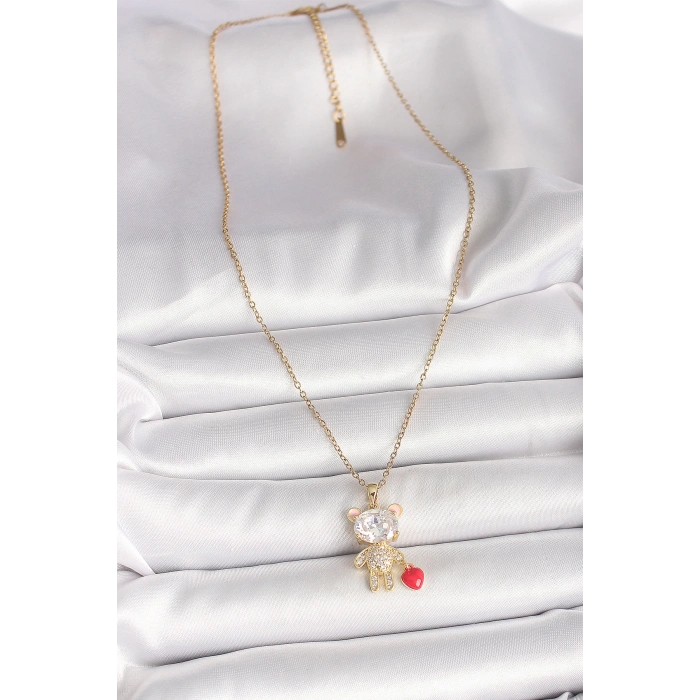 316L Çelik Gold Renk Zincir Zirkon Taşlı Ayıcık Model Kırmızı Kalp Detay Kadın Kolye