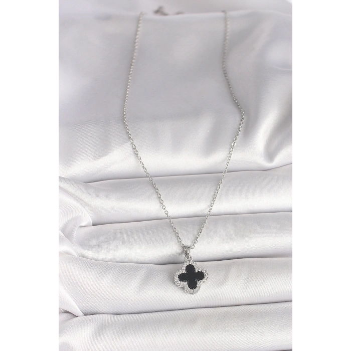 316L Çelik Gümüş Renk Zincir Zirkon Taşlı Yonca Model Kadın Kolye