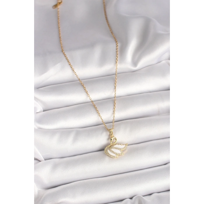316L Çelik Gold Renk Zincir Zirkon Taşlı Kuğu Model Kadın Kolye