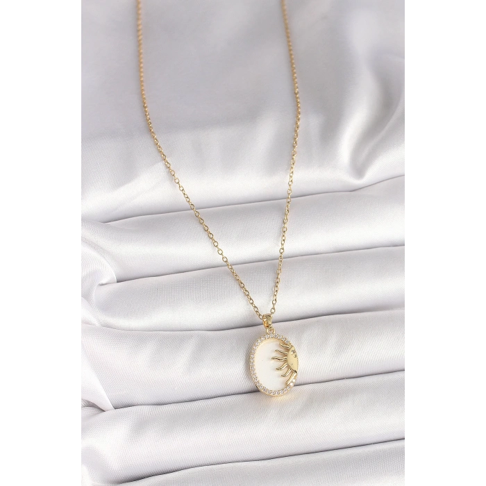 316L Çelik Gold Renk Zincir Beyaz Mineli Gün Batımı Model Zirkon Taş Detay Kadın Kolye