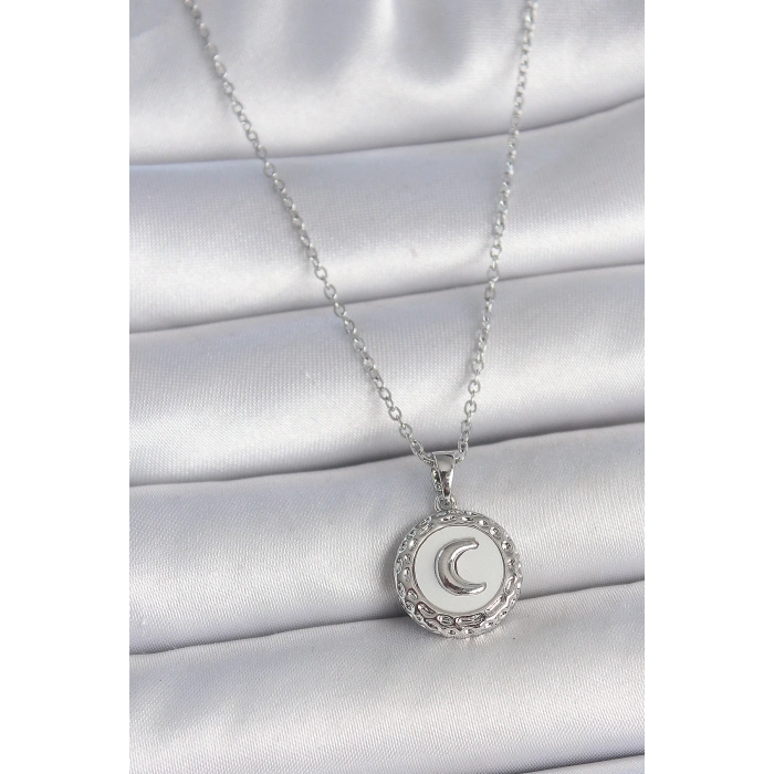 316L Çelik Gümüş Renk Zincir Beyaz Mineli Hilal İşlemeli Madalyon Model Kadın Kolye