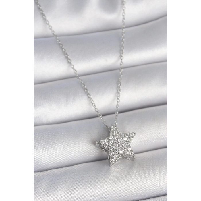 316L Çelik Gümüş Renk Zincir Zirkon Taşlı Yıldız Model Kadın Kolye