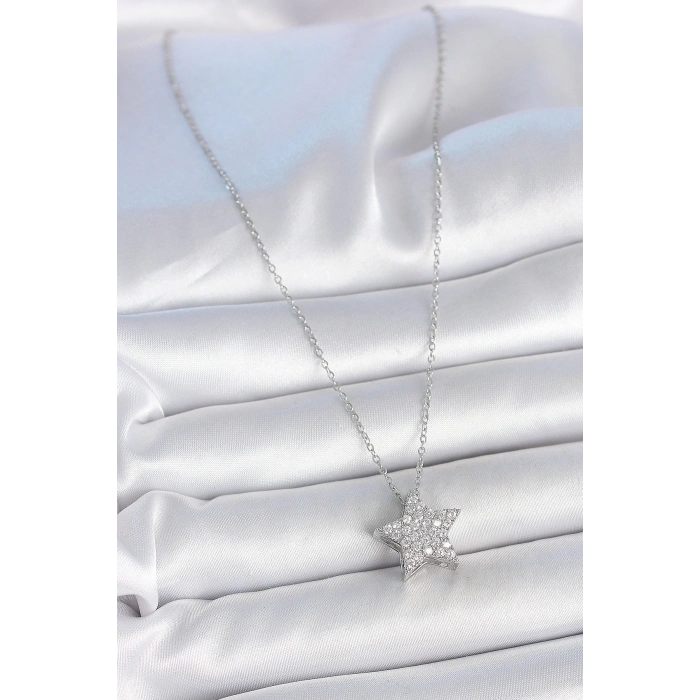 316L Çelik Gümüş Renk Zincir Zirkon Taşlı Yıldız Model Kadın Kolye