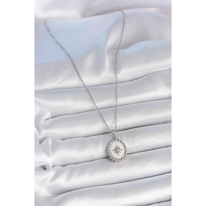 316L Çelik Gümüş Renk Zincir Beyaz Mineli Kutup Yıldız İşlemeli Madalyon Model Kadın Kolye