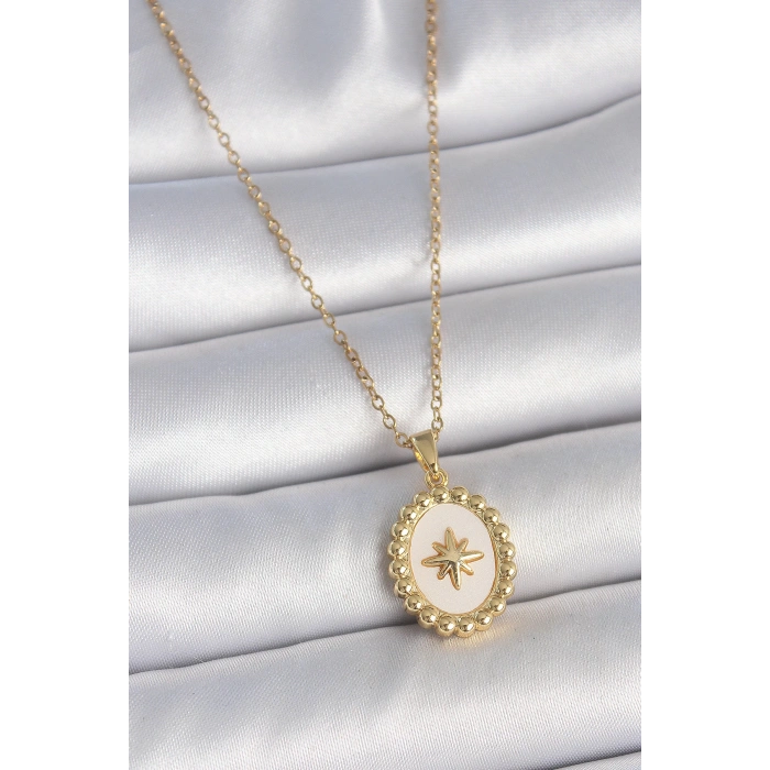 316L Çelik Gold Renk Zincir Beyaz Mineli Kutup Yıldız İşlemeli Madalyon Model Kadın Kolye