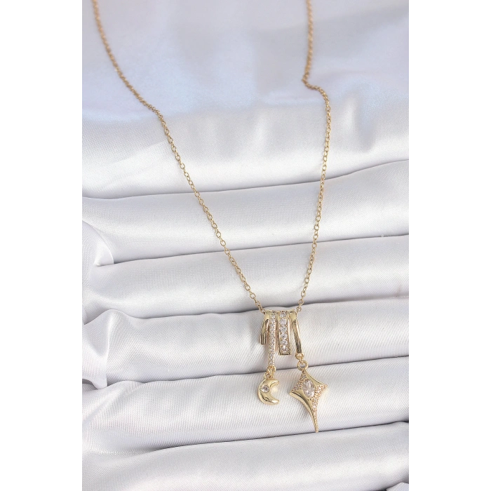 316L Çelik Gold Renk Zirkon Taşlı Sallantı Ay Yıldız Figür Charm Kadın Kolye