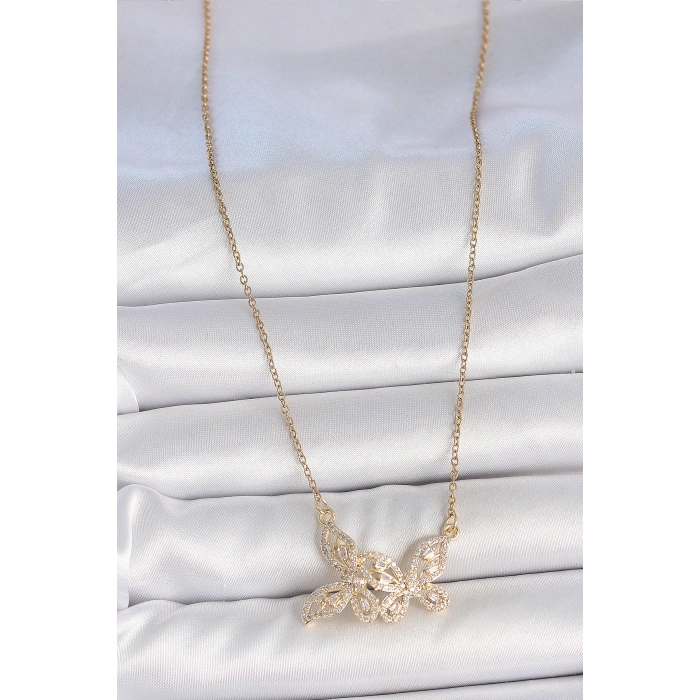316L Çelik Gold Renk Zincir Zirkon Taşlı Kelebek Model Kadın Kolye