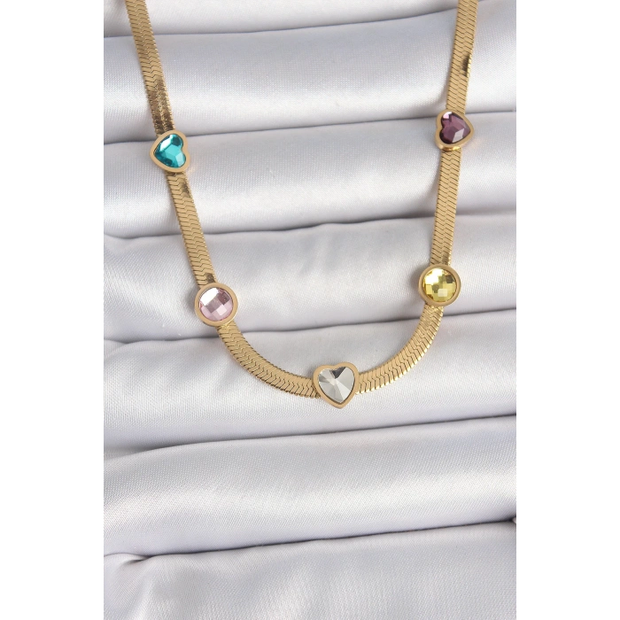 316L Çelik Gold Renk İtalyan Zincir Renkli Zirkon Taşlı Kalp Figür Kadın Kolye