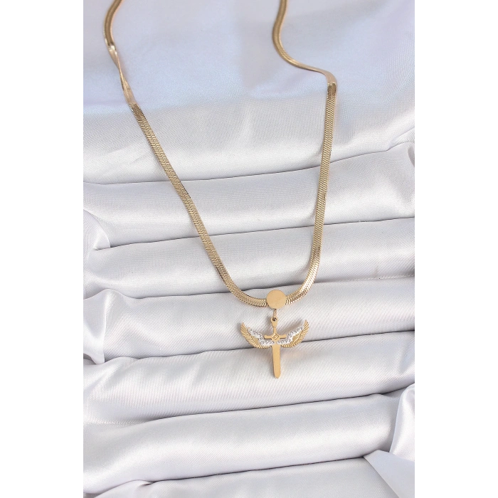 316L Çelik Gold Renk İtalyan Zincir Zirkon Taş Detaylı Mikail Model Kadın Kolye