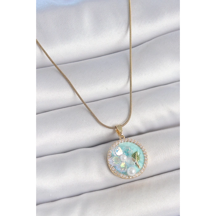316L Çelik Gold Renk Zincir Zirkon Taş Detaylı Mavi Mineli Çiçek İşlemeli İnci Detay Kadın Kolye