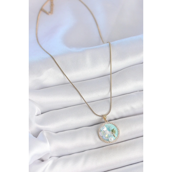 316L Çelik Gold Renk Zincir Zirkon Taş Detaylı Mavi Mineli Çiçek İşlemeli İnci Detay Kadın Kolye
