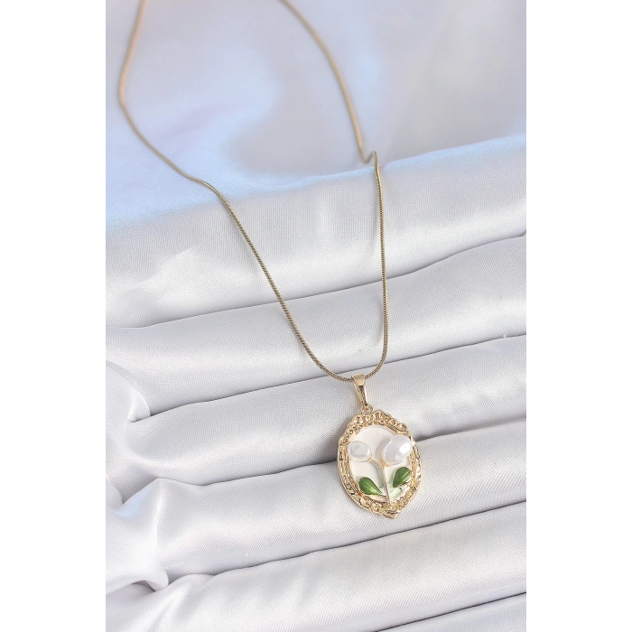 316L Çelik Gold Renk Zincir Beyaz Mineli İncili Çiçek İşlemeli Portre Model Kadın Kolye