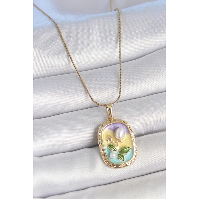 316L Çelik Gold Renk Zincir İncili Çiçek İşlemeli Portre Model Kadın Kolye