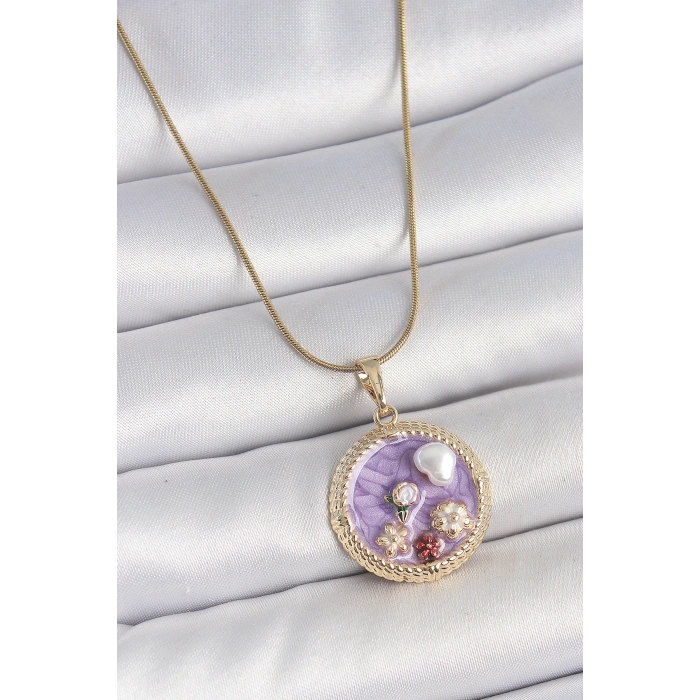 316L Çelik Gold Renk Zincir Mor Mineli İncili Çiçek İşlemeli Madalyon Model Kadın Kolye