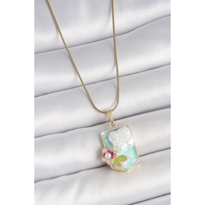 316L Çelik Gold Renk Zincir Mavi Mineli İncili Çiçek İşlemeli Portre Model Kadın Kolye