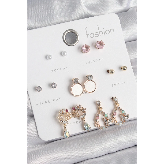 Pirinç Gold Renk Zirkon Taşlı Sallantı Damla Figür Beyaz Mine Detay 7 Çift Kadın Küpe Seti