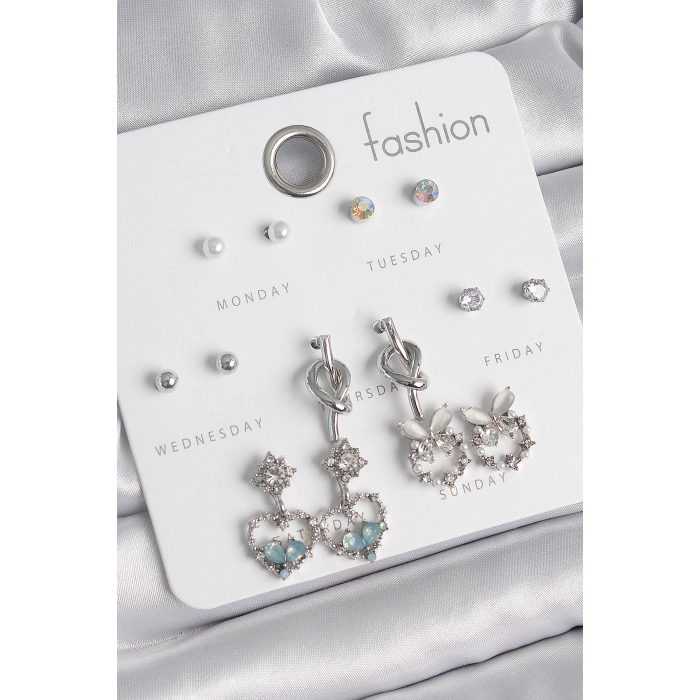 Pirinç Gümüş Renk Sallantı Zirkon Taşlı Kalp Model Düğüm Detay 7 Çift Kadın Küpe Seti