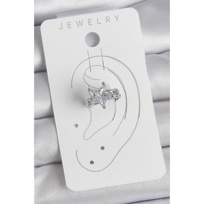 Pirinç Gümüş Renk Zirkon Taşlı Yıldız Model Kadın Kıkırdak Küpe