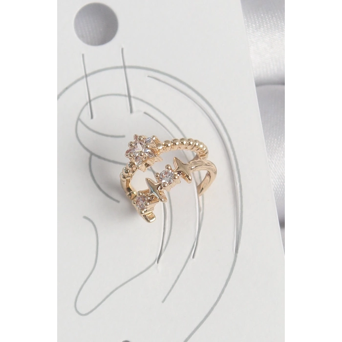 Pirinç Gold Renk Zirkon Taşlı Yıldız Model Kadın Kıkırdak Küpe