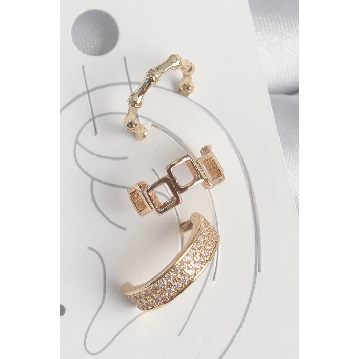 Pirinç Gold Renk Kare Model Zirkon Taşlı 3Lü Model Kadın Kıkırdak Küpe