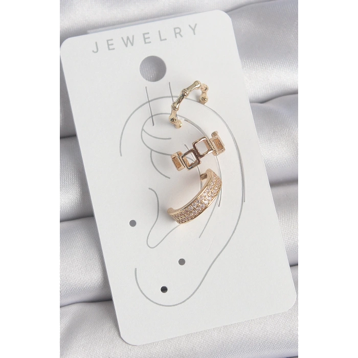 Pirinç Gold Renk Kare Model Zirkon Taşlı 3Lü Model Kadın Kıkırdak Küpe