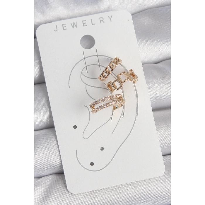 Pirinç Gold Renk Zirkon Taşlı Kare Zincir Model Kadın Kıkırdak Küpe