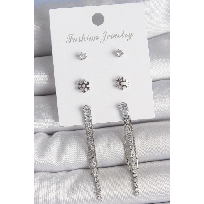 Pirinç Gold Renk Zirkon Taşlı Sallantılı Çiçek Detay 3 Çfit Kadın Küpe Seti