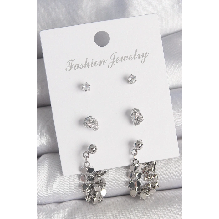 Pirinç Gümüş Renk Zirkon Taşlı Pullu Sallantılı Model 3 Çift Kadın Küpe Seti