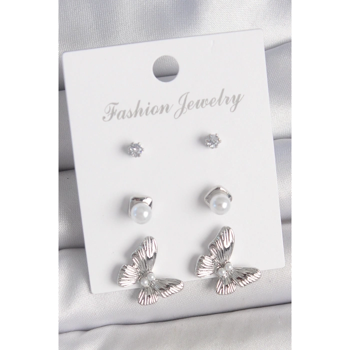 Pirinç Gümüş Renk Zirkon Taşlı İnci Detaylı Kelebek Model 3 Çift Kadın Küpe Seti